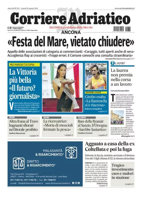 Prima-pagina-corriere adriatico-edizione-di-oggi-26-08-2024